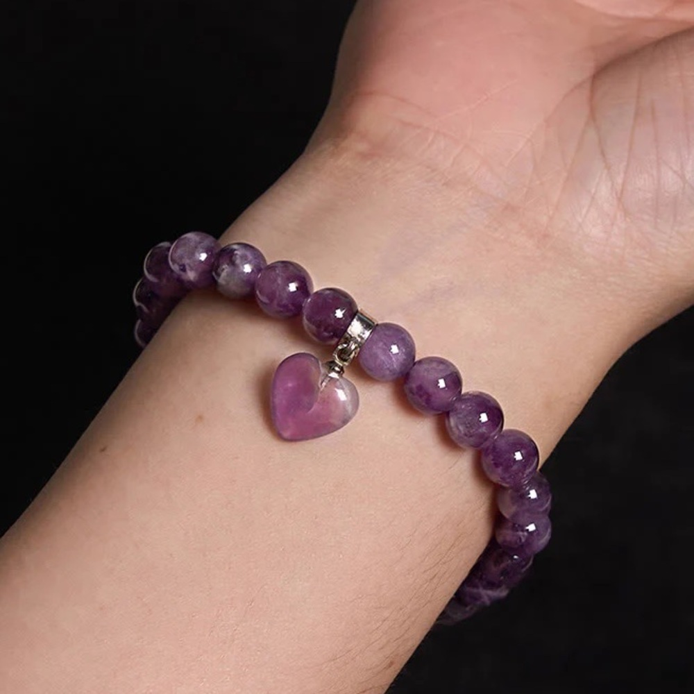 🆕New Intuitive Heart Amethyst Beaded Bracelet with Heart Charm - Picture 6 of 7
